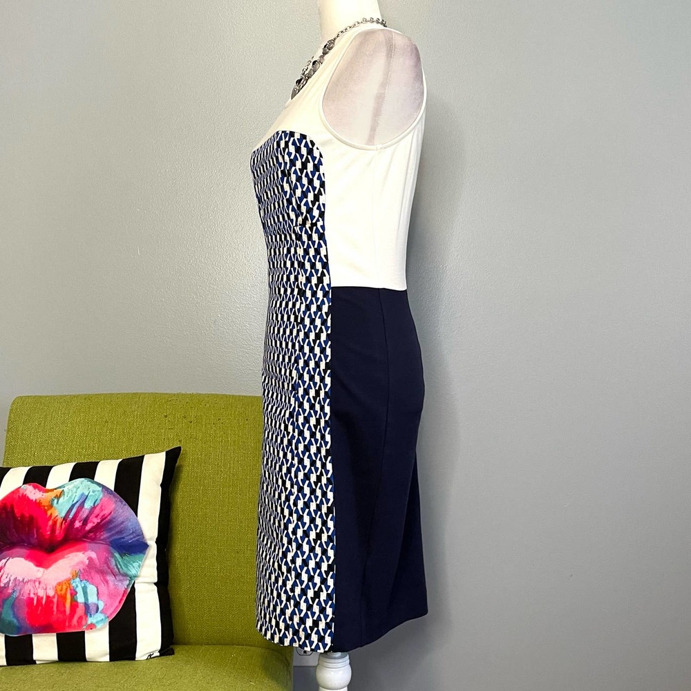 DKNYC Blue White Geometric Colorblock Sheath Dress 4 Work Cocktail - Picture 3 of 5